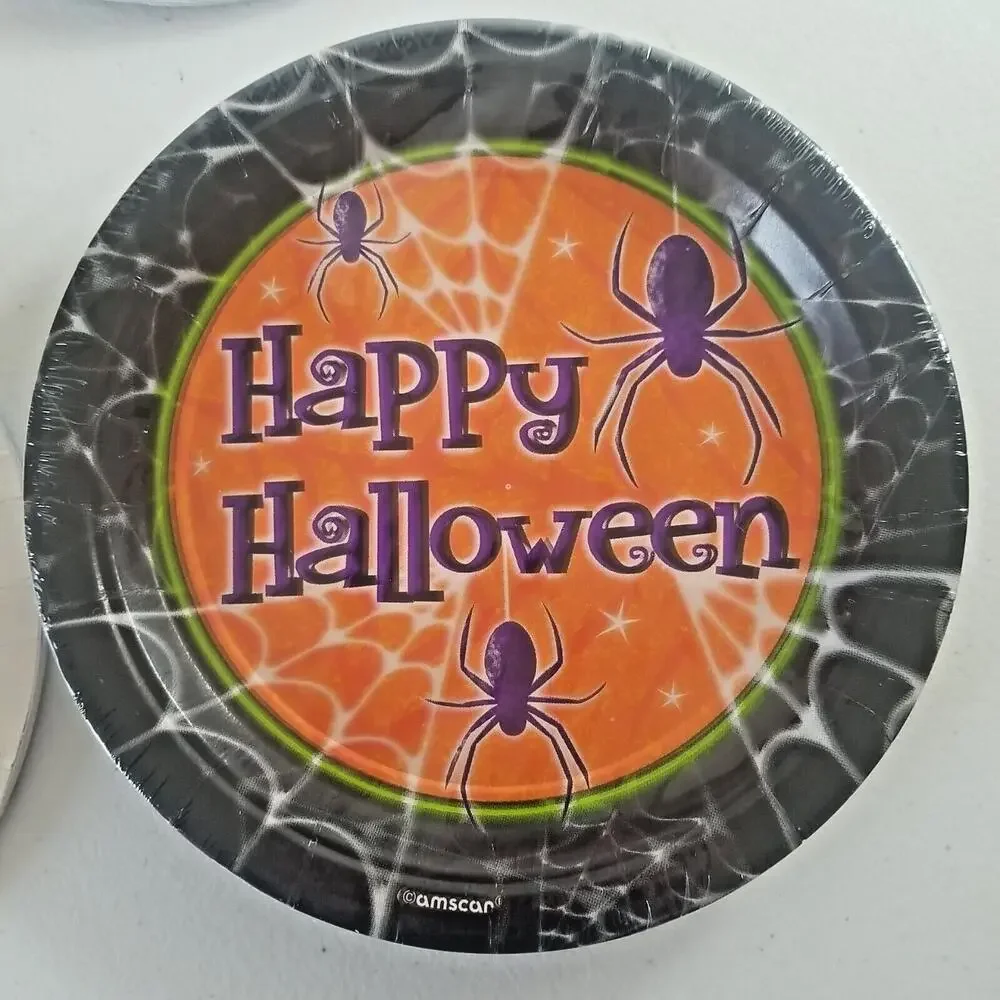 32 Halloween Paper Plates in Original Packaging Amscan Spider Web 7 inch Dessert
